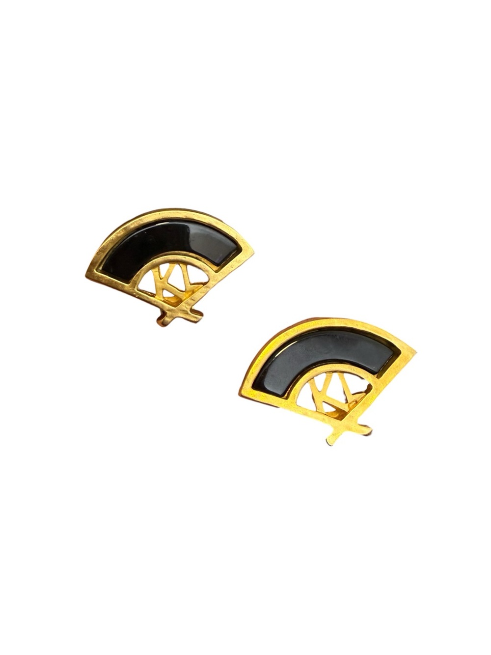 Vintage Karl Lagerfeld KL Black Enamel Fan Clip-On Earrings Gold Tone